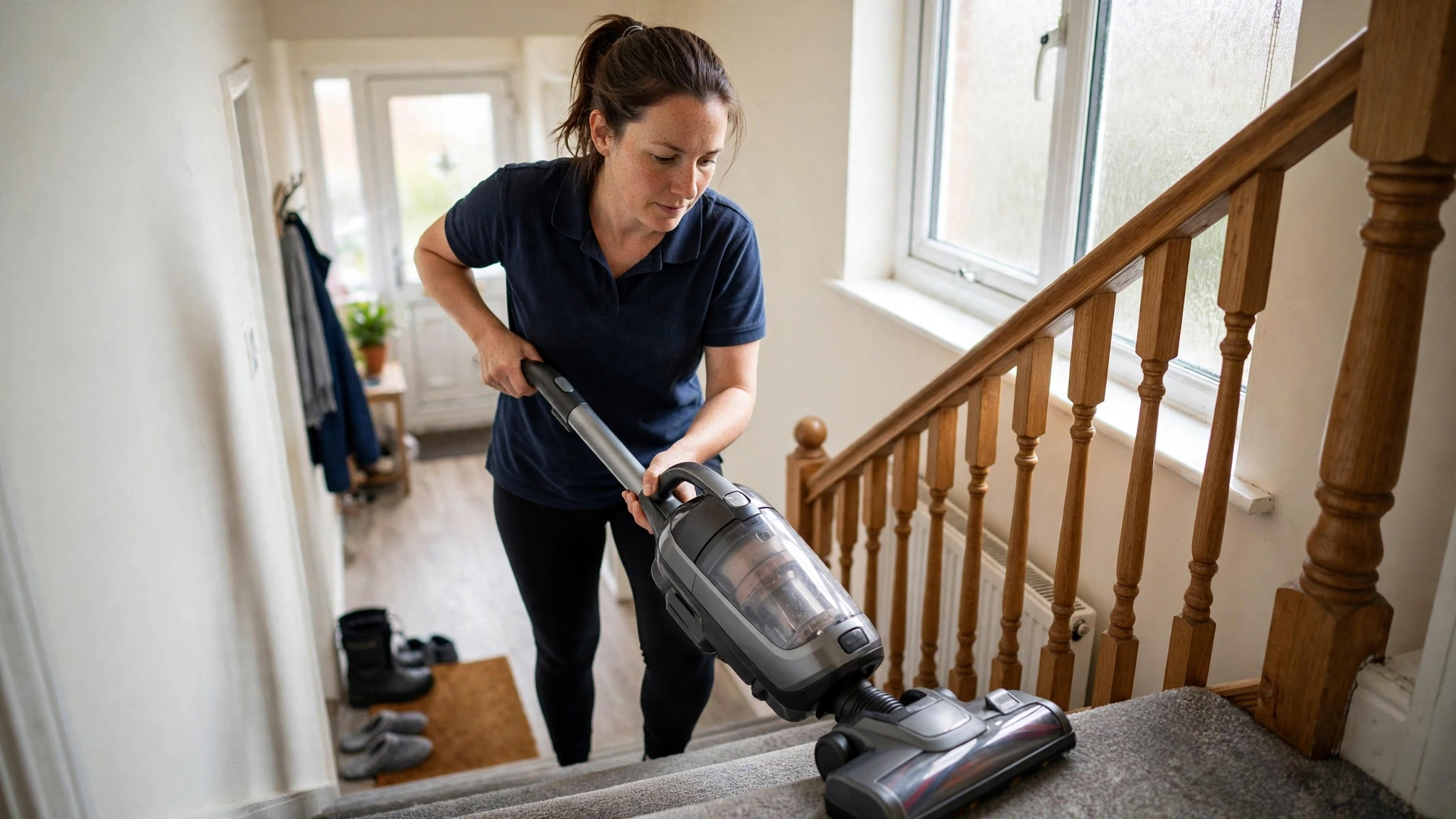 Cleaner hoovering stairs Stoke